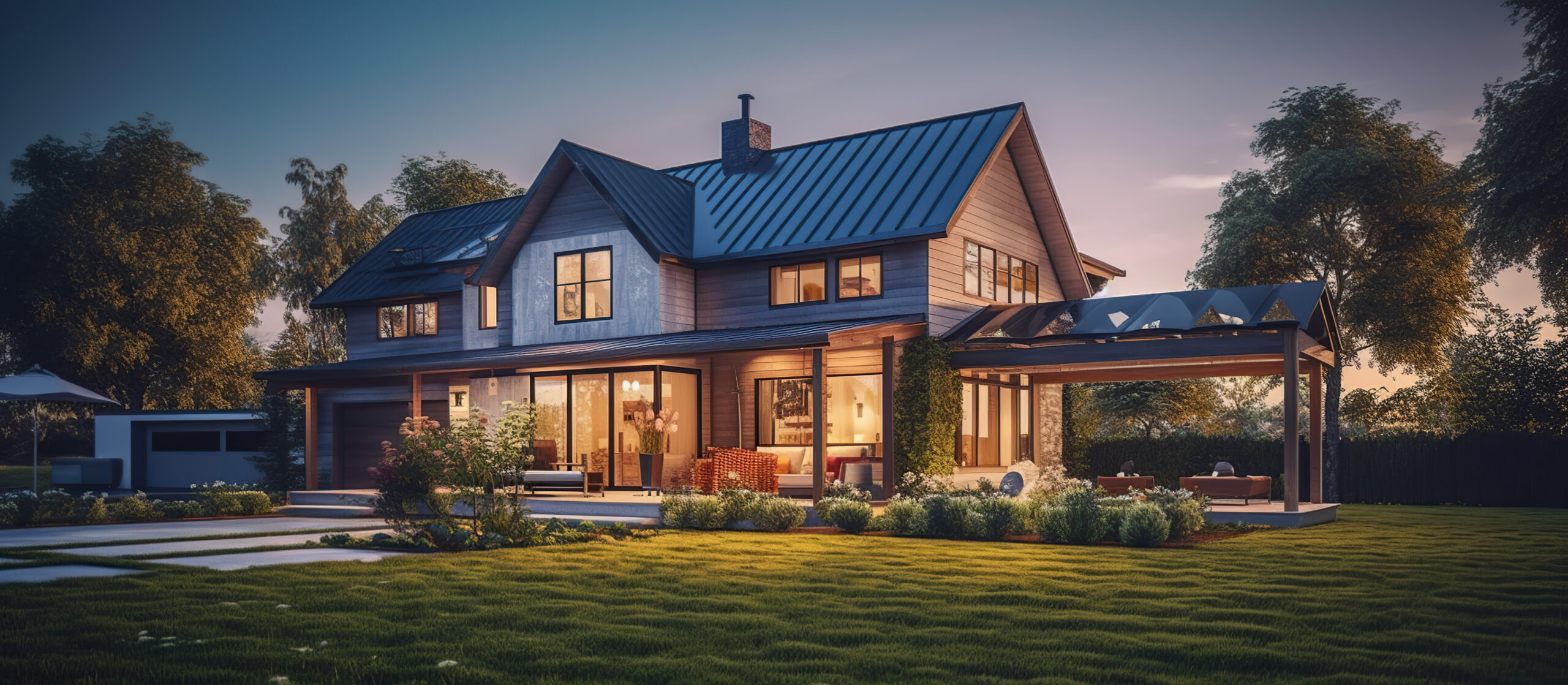 Modern farmhouse on meadow hill Generative AI