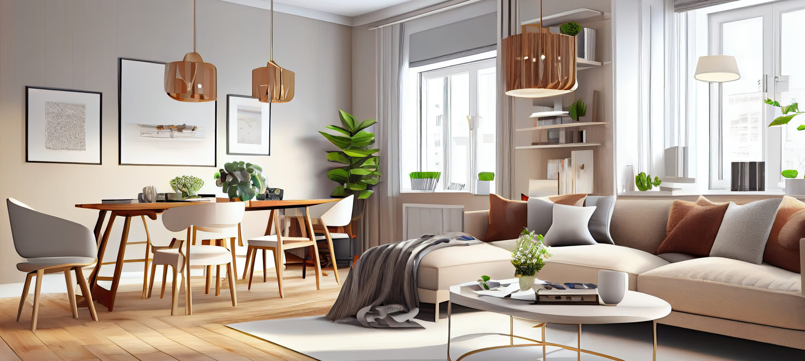 Stylish scandinavian living room with design mint sofa, furnitures, mock up poster map, plants and elegant personal accessories. Modern home decor. Bright and sunny room. Generative AI illustration.